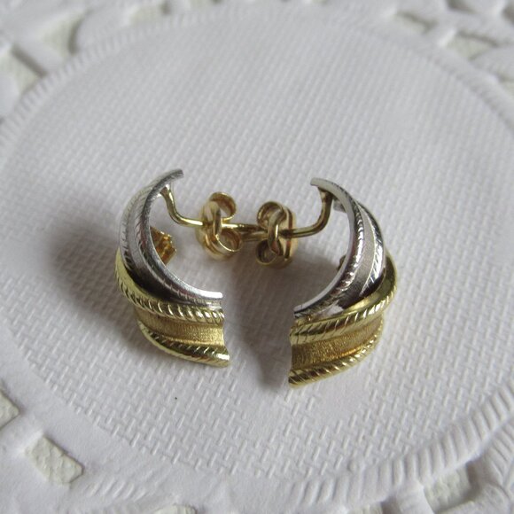 2 Tone, 585/14k, Yellow & White Gold Stud Earrings, Rope & Ribbon design - Picture 4 of 8